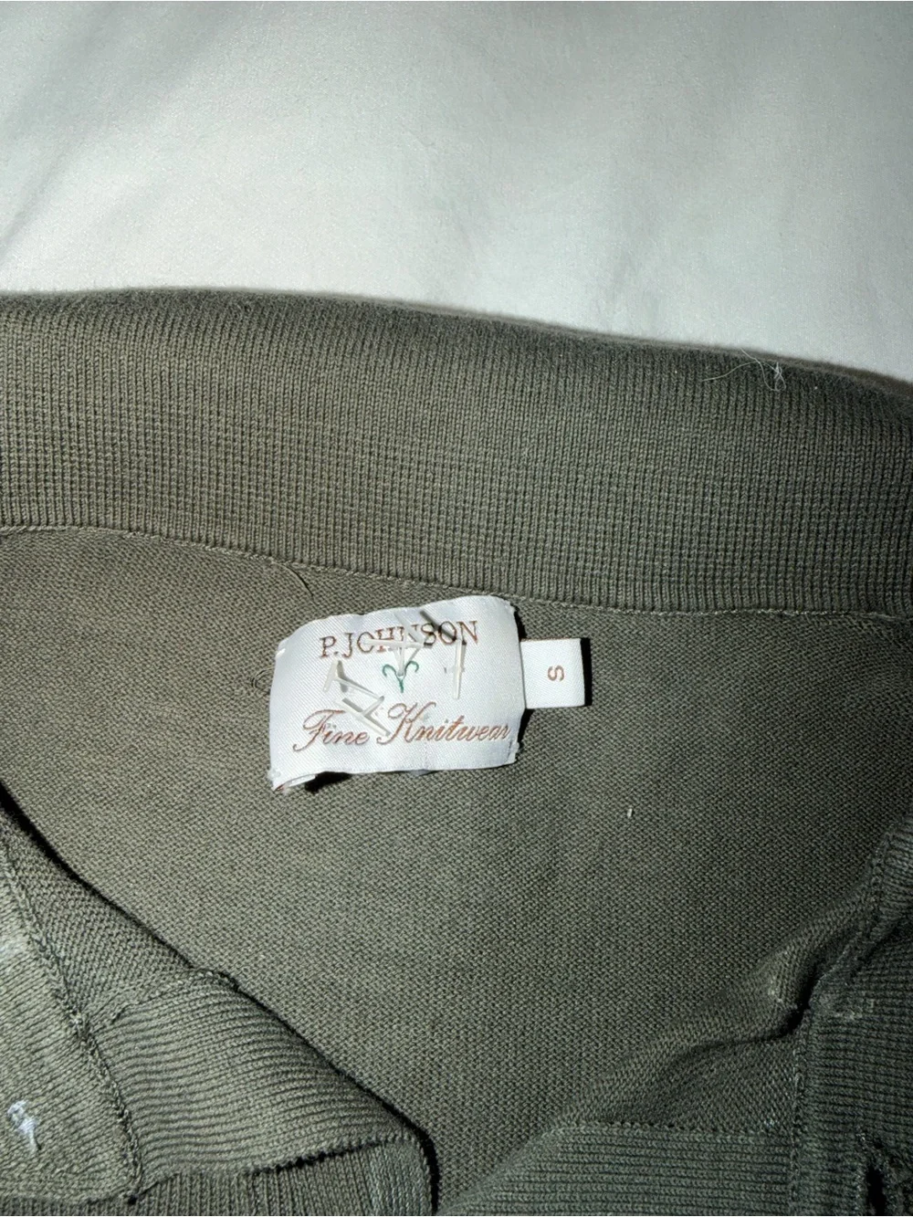 P.J. Johnson Fine Knitwear polo, size Small, in an olive/army green.